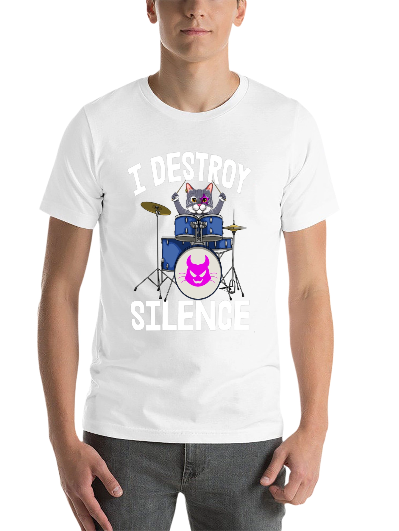 Black I Destroy Silence Cat Drummer T-Shirt view 14