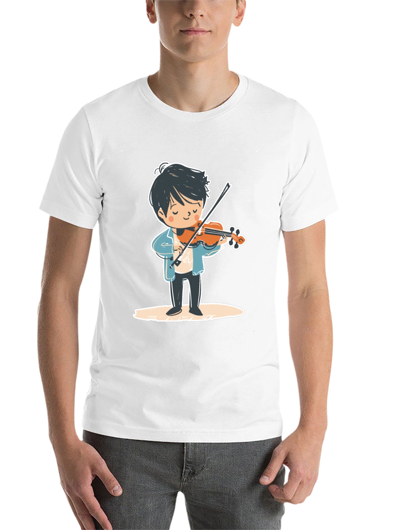 Black Violinist Cartoon Graphic Tee - Unisex Black T-Shirt view 14
