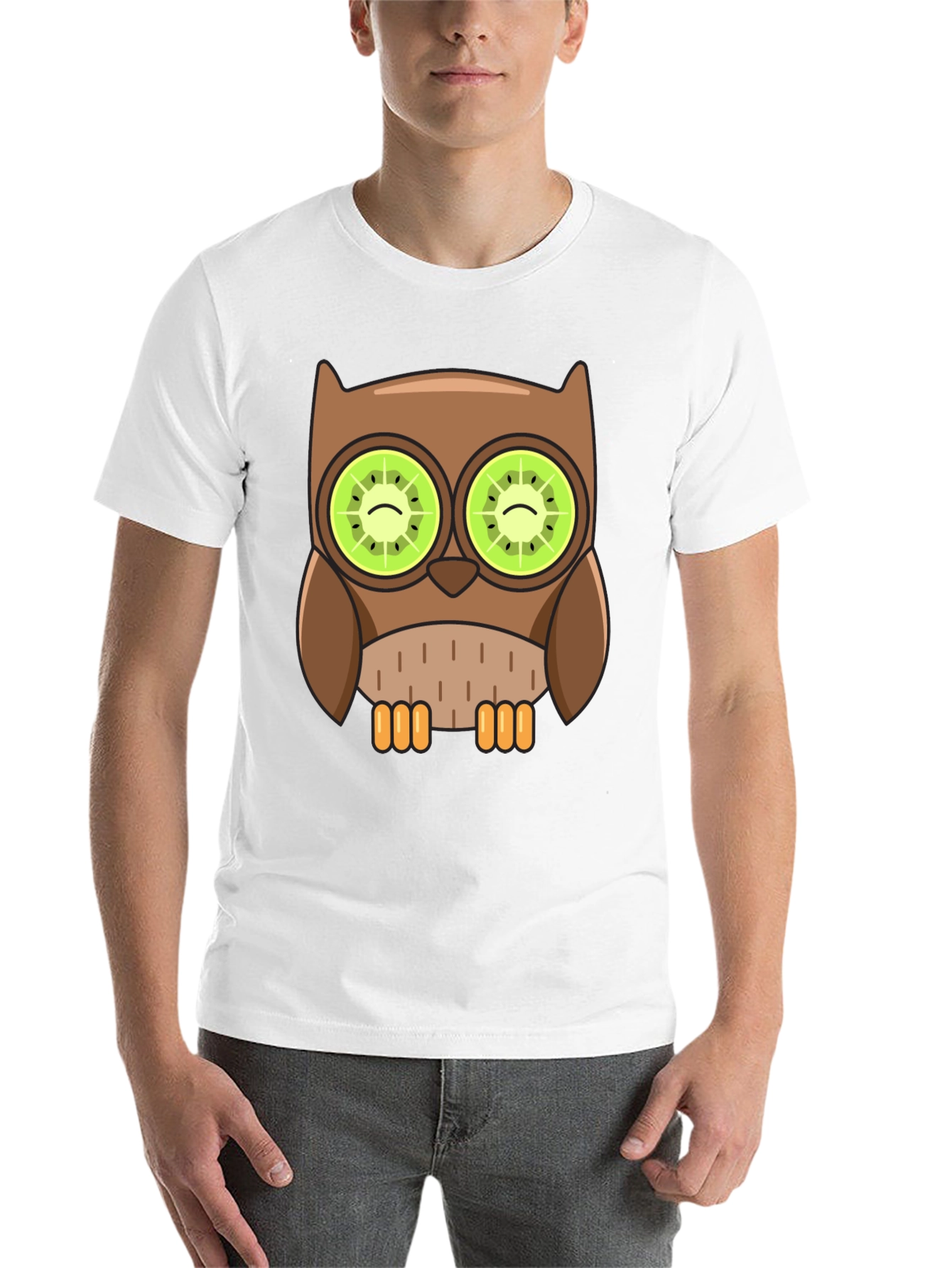 Black Whimsical Owl T-Shirt with Kiwi Eyes Design view 14