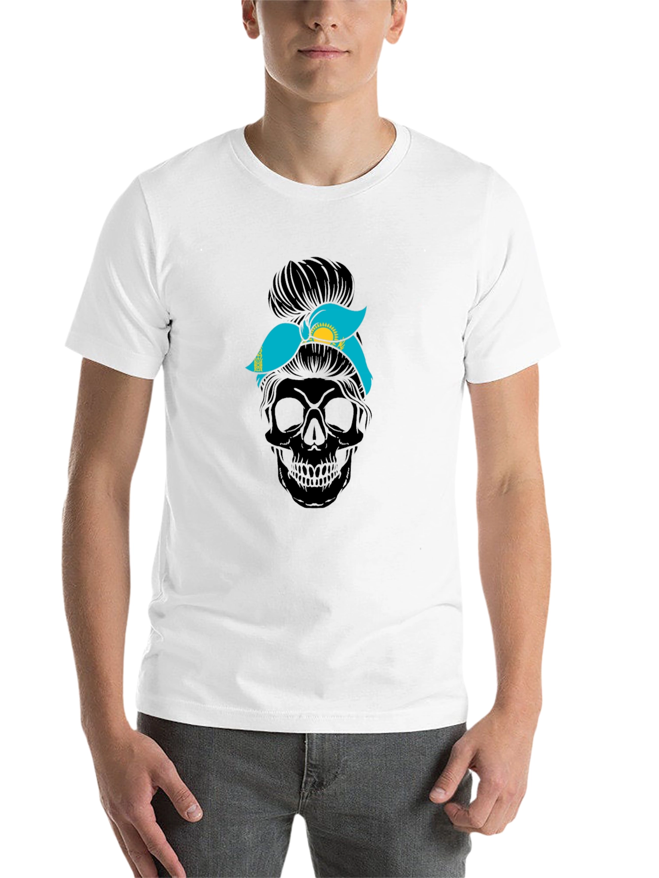 Skull Messy Bun Kazakhstan Flag T-Shirt - 14