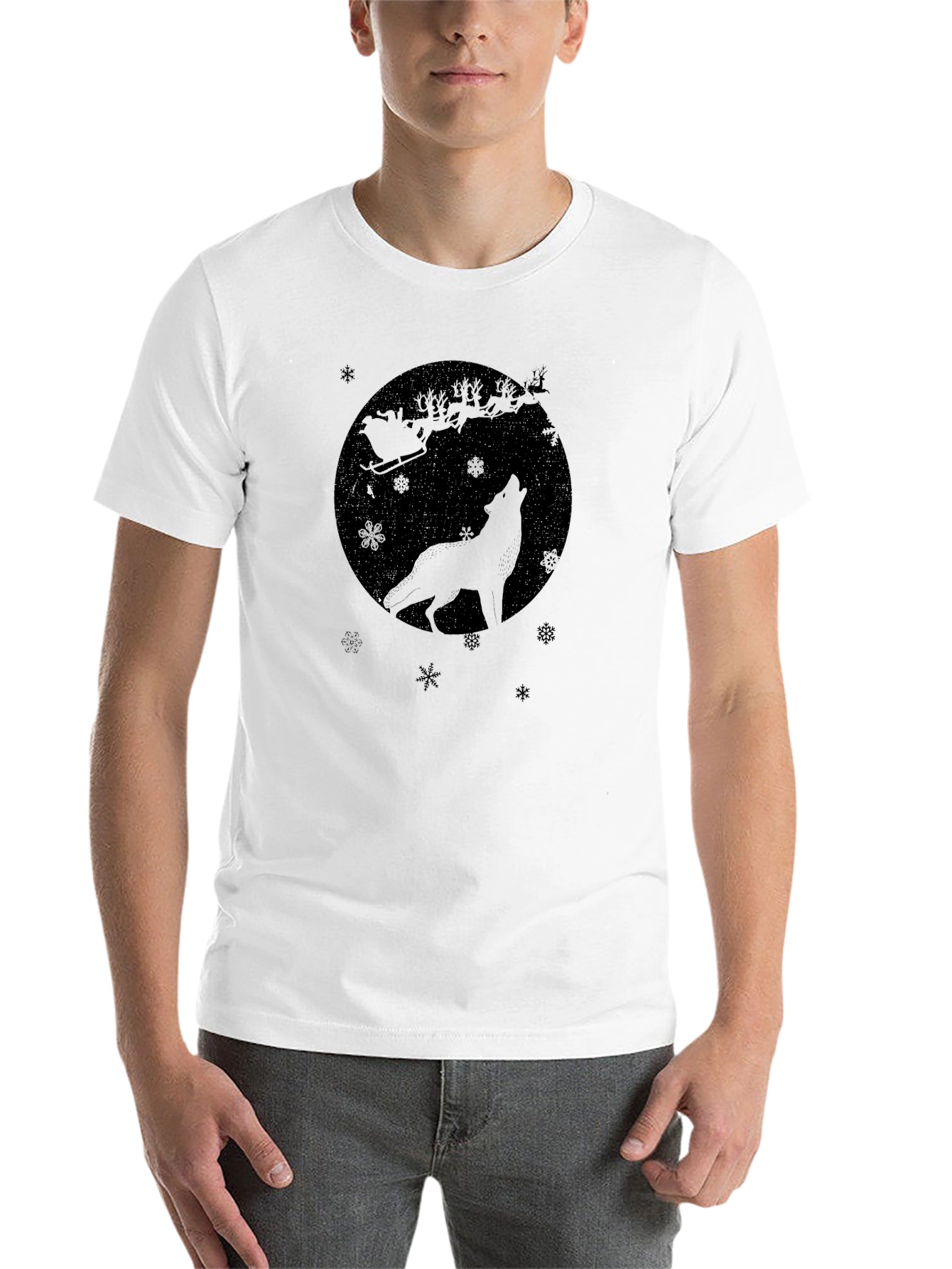 Black Wolf Howling Santa's Sleigh Black T-Shirt view 14