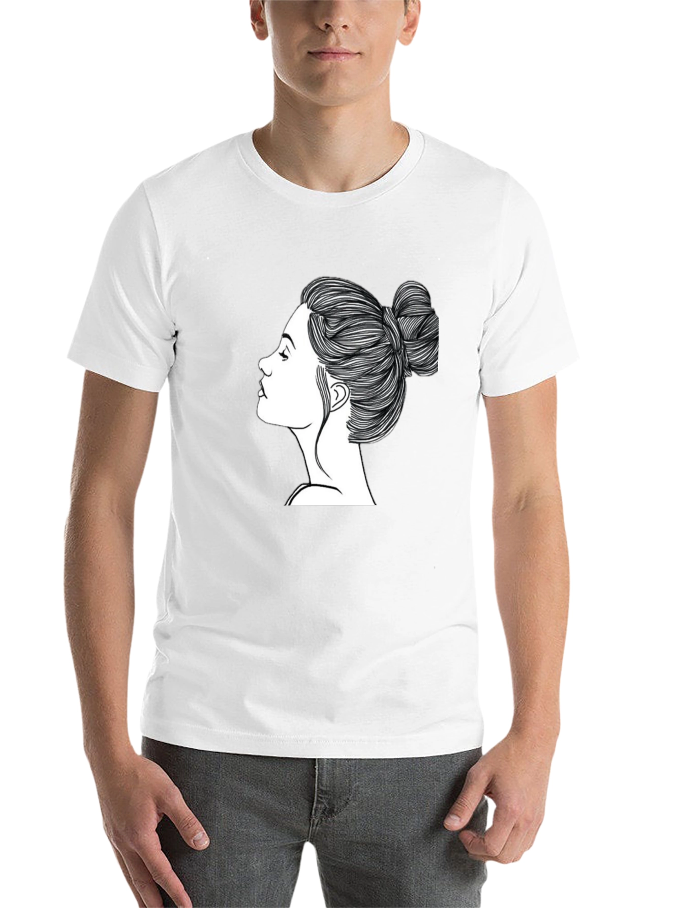Black Black T-Shirt with Woman's Hair Bun Design view 14
