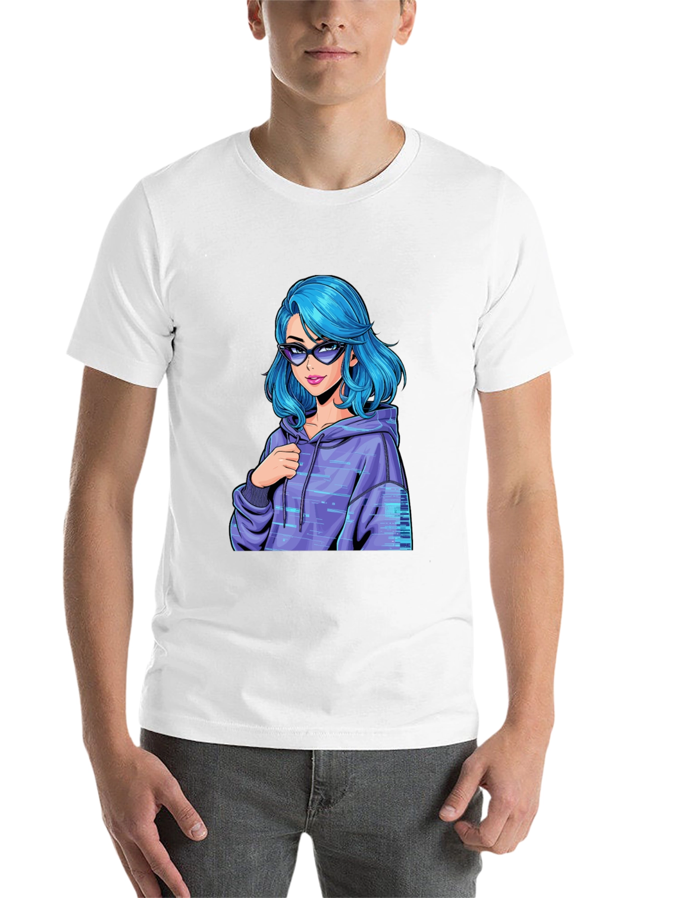 Stylish Black T-Shirt with Blue Anime Girl Design - 14