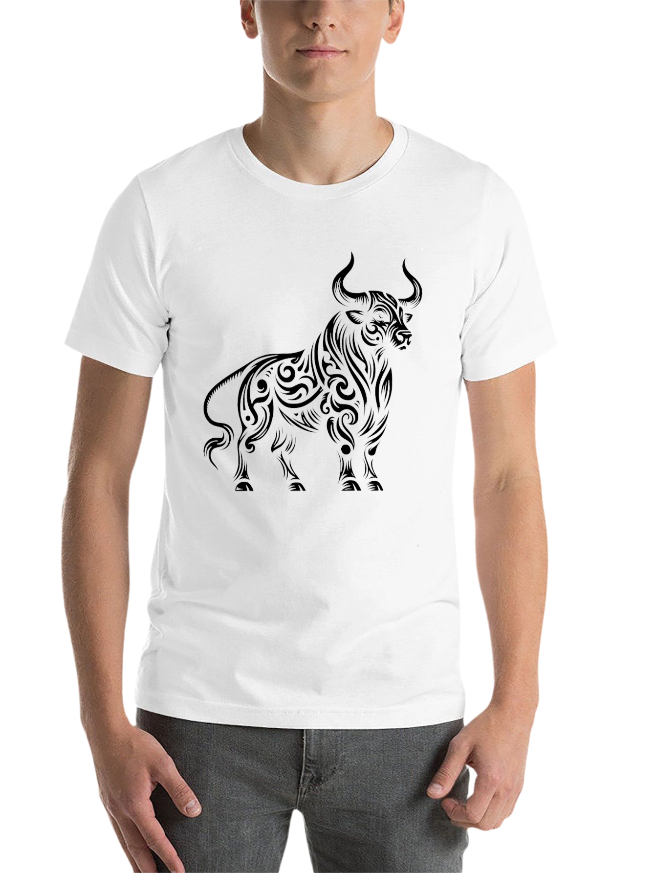 Black Men's Black Bull Graphic Tee - Tribal Art Style view 14