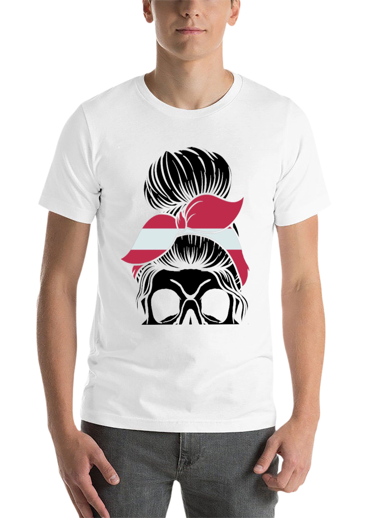 Black Messy Bun Skull Latvia Flag T-Shirt view 14