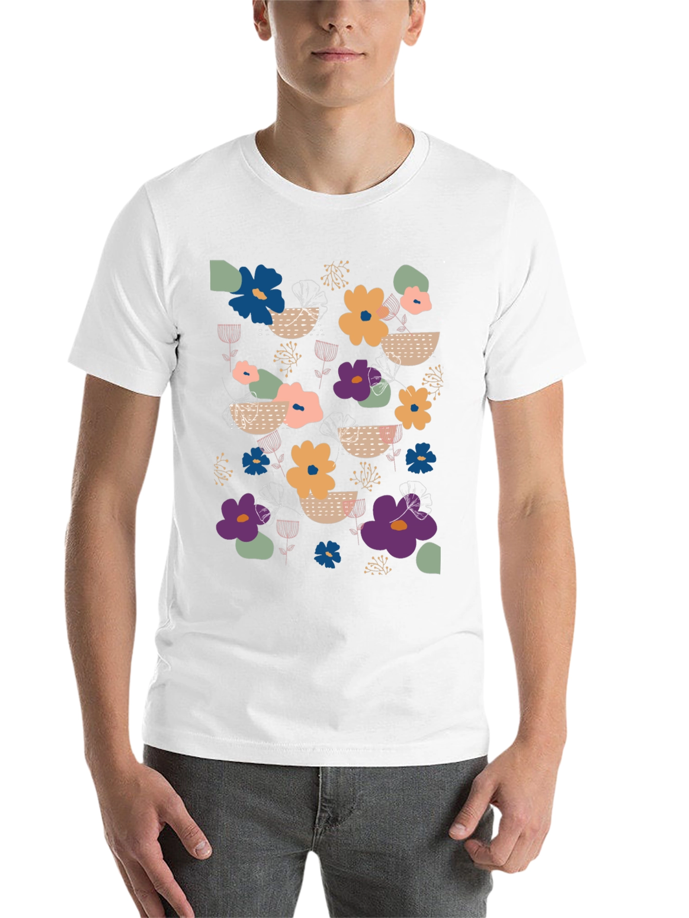 Black Floral Print Men's Black T-Shirt view 14