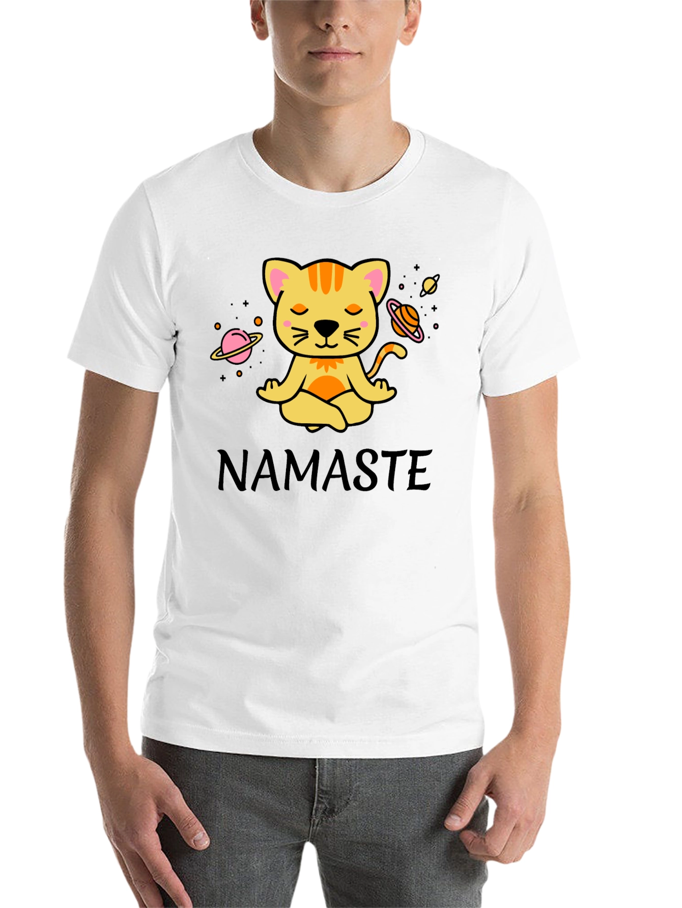 Black Namaste Cat Space Meditation T-Shirt view 14