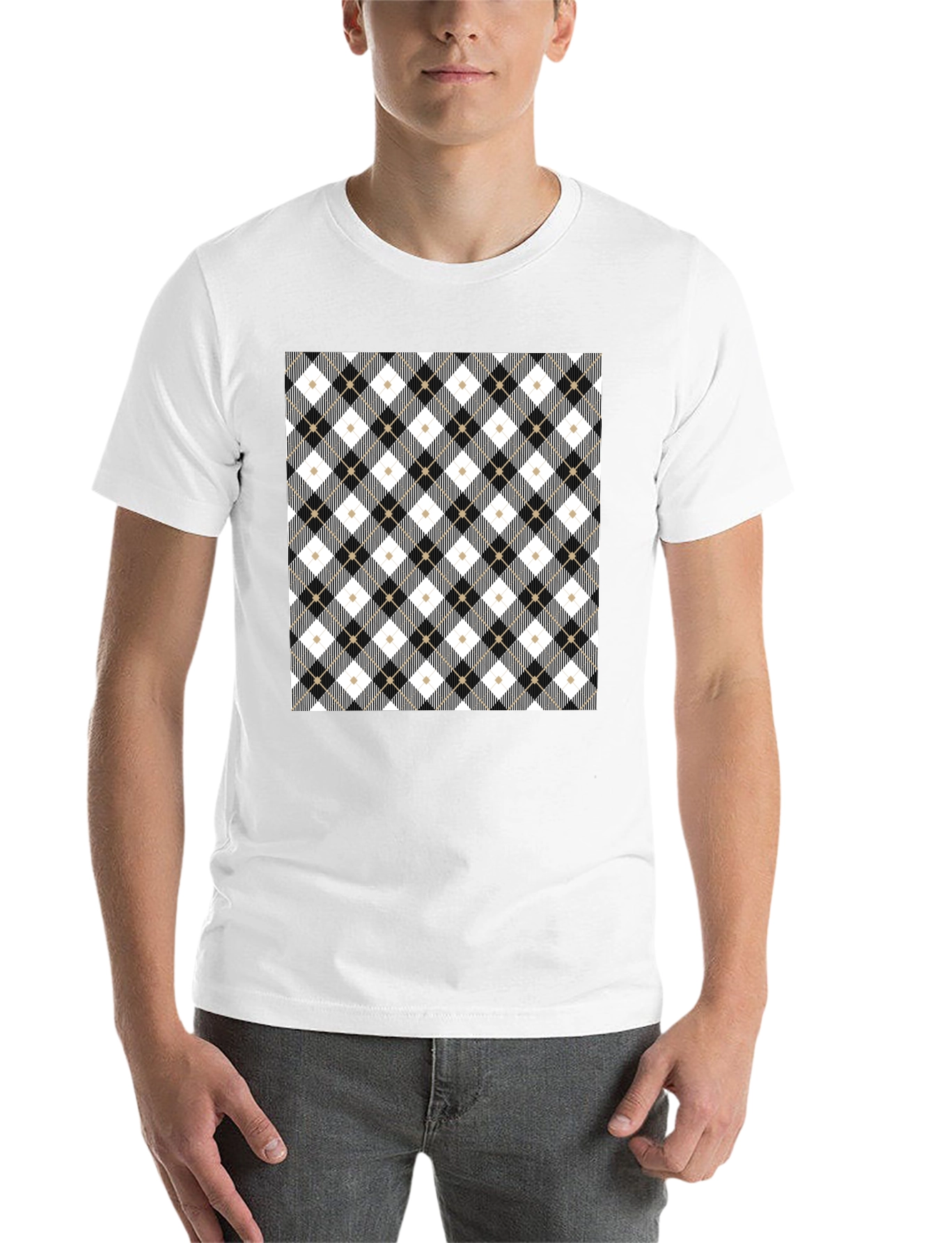 Black Stylish Argyle Pattern Black T-Shirt view 14