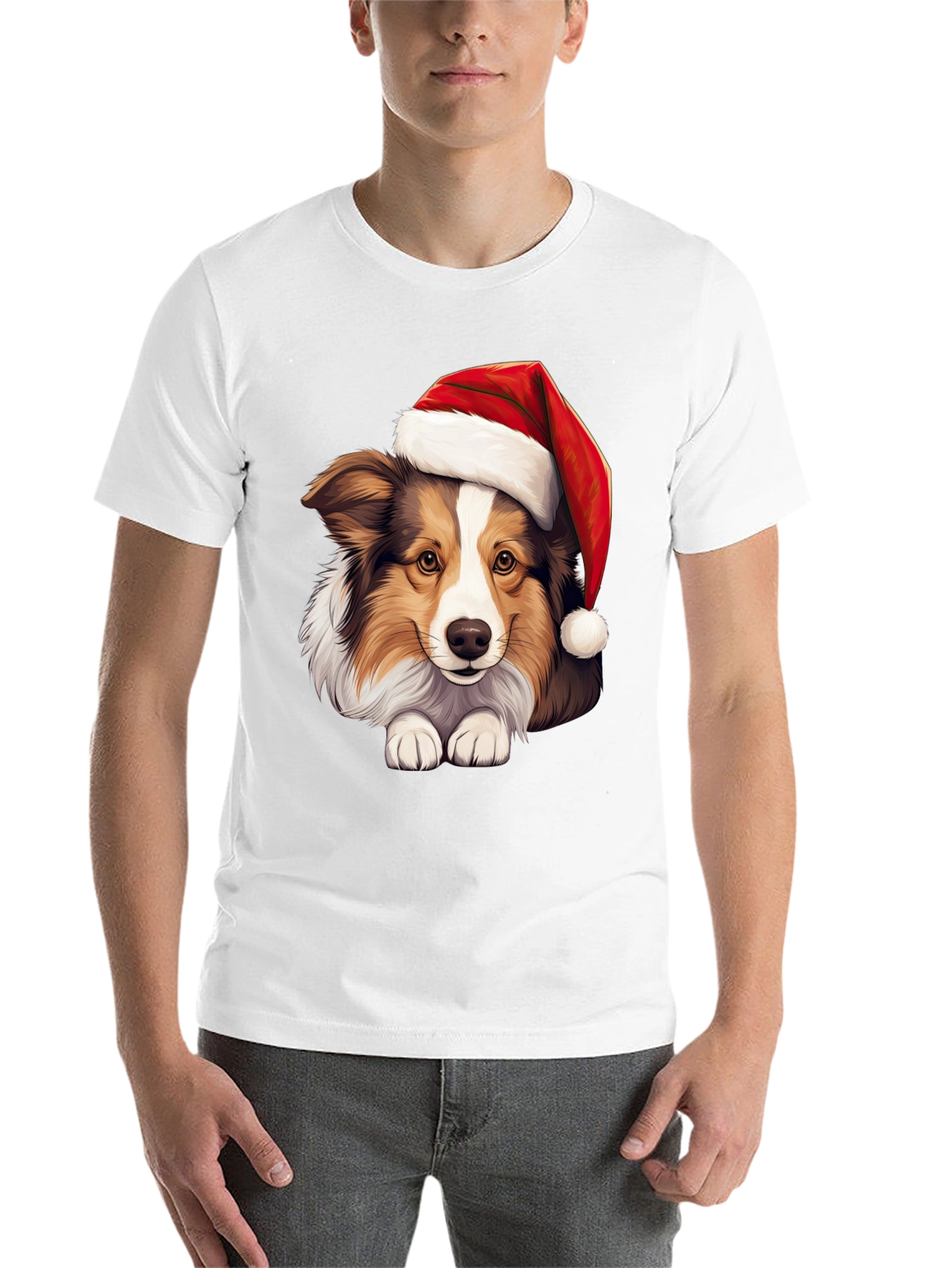 Black Festive Dog T-Shirt: Holiday Collie in Santa Hat view 14