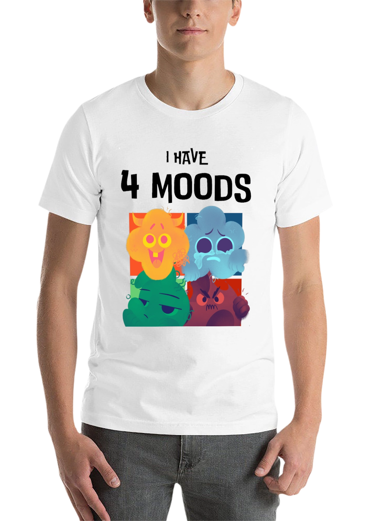 Black 4 Moods T-Shirt, Funny Faces, Black Tee, Casual Wear view 14