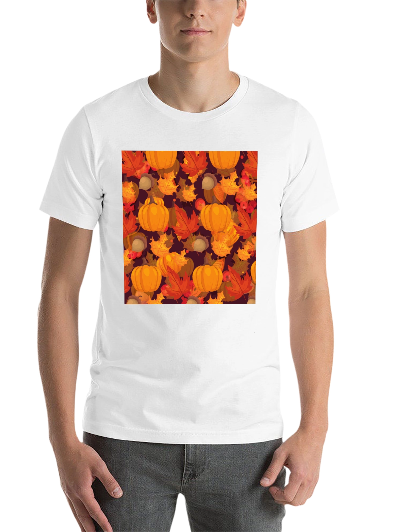 Fall Harvest T-Shirt: Pumpkins & Autumn Leaves Pattern - 14