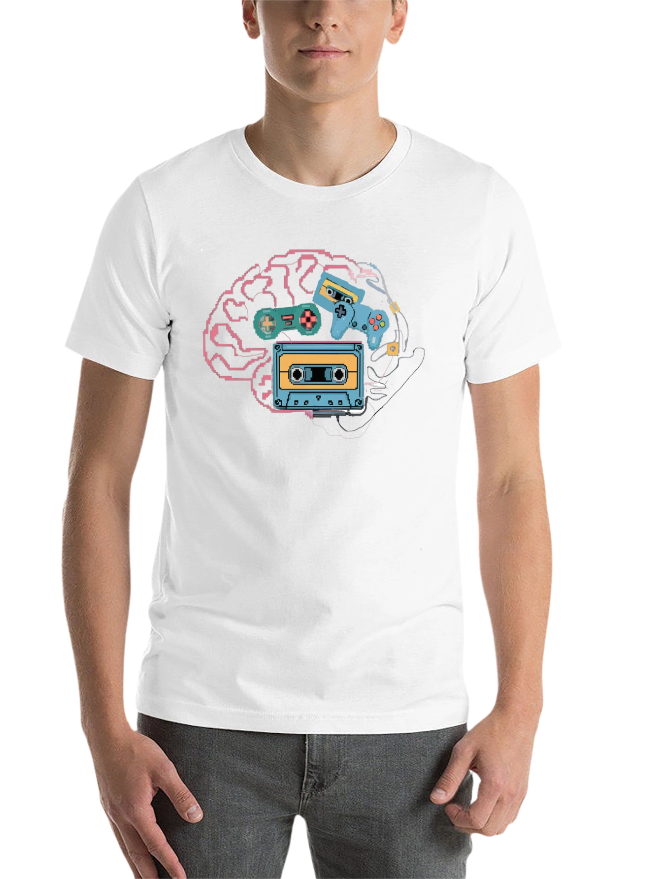 Black Retro Gamer Brain T-Shirt - Pixel Art Style view 14
