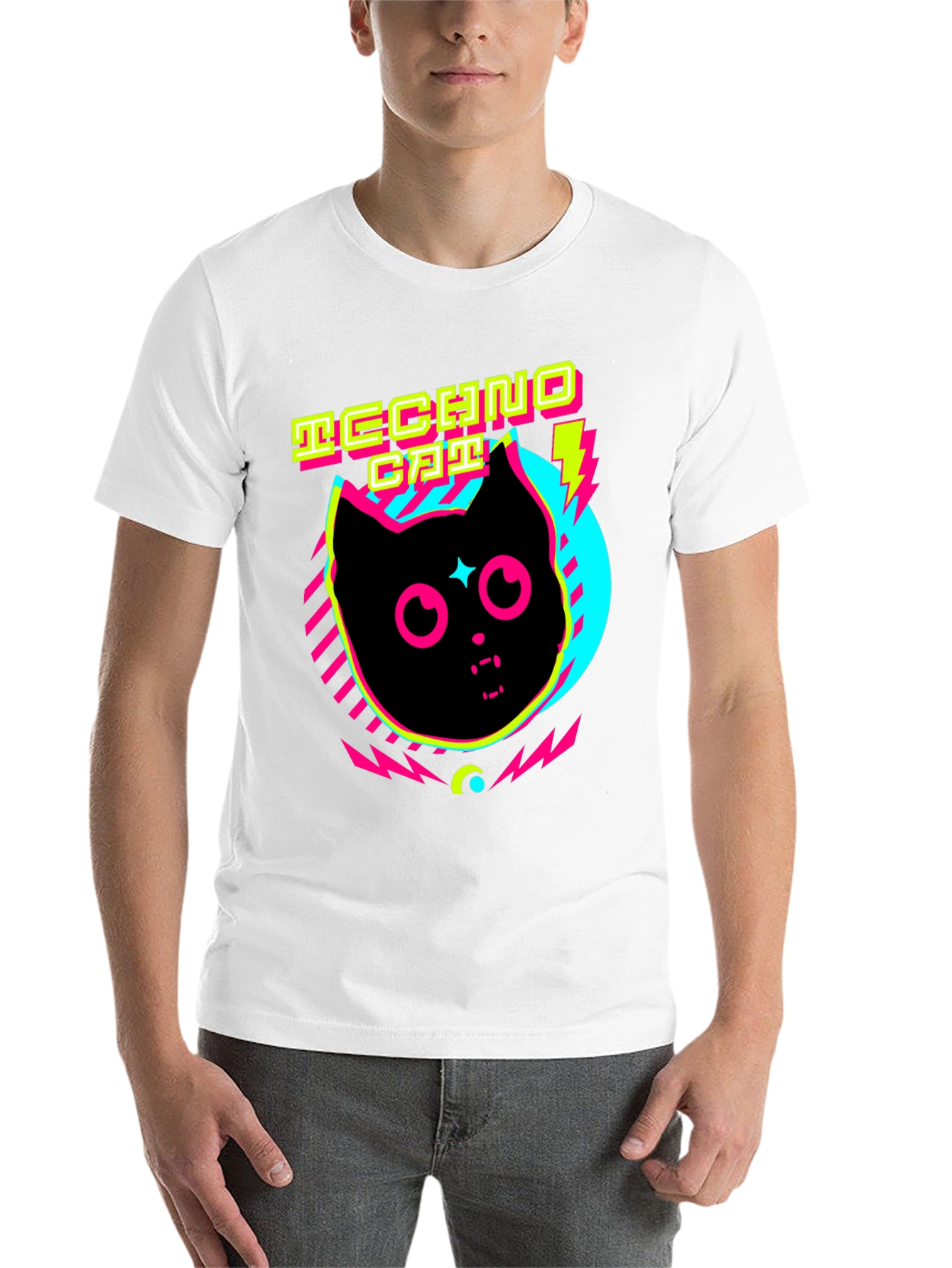 Black Techno Cat T-Shirt Neon Graphic Tee view 14
