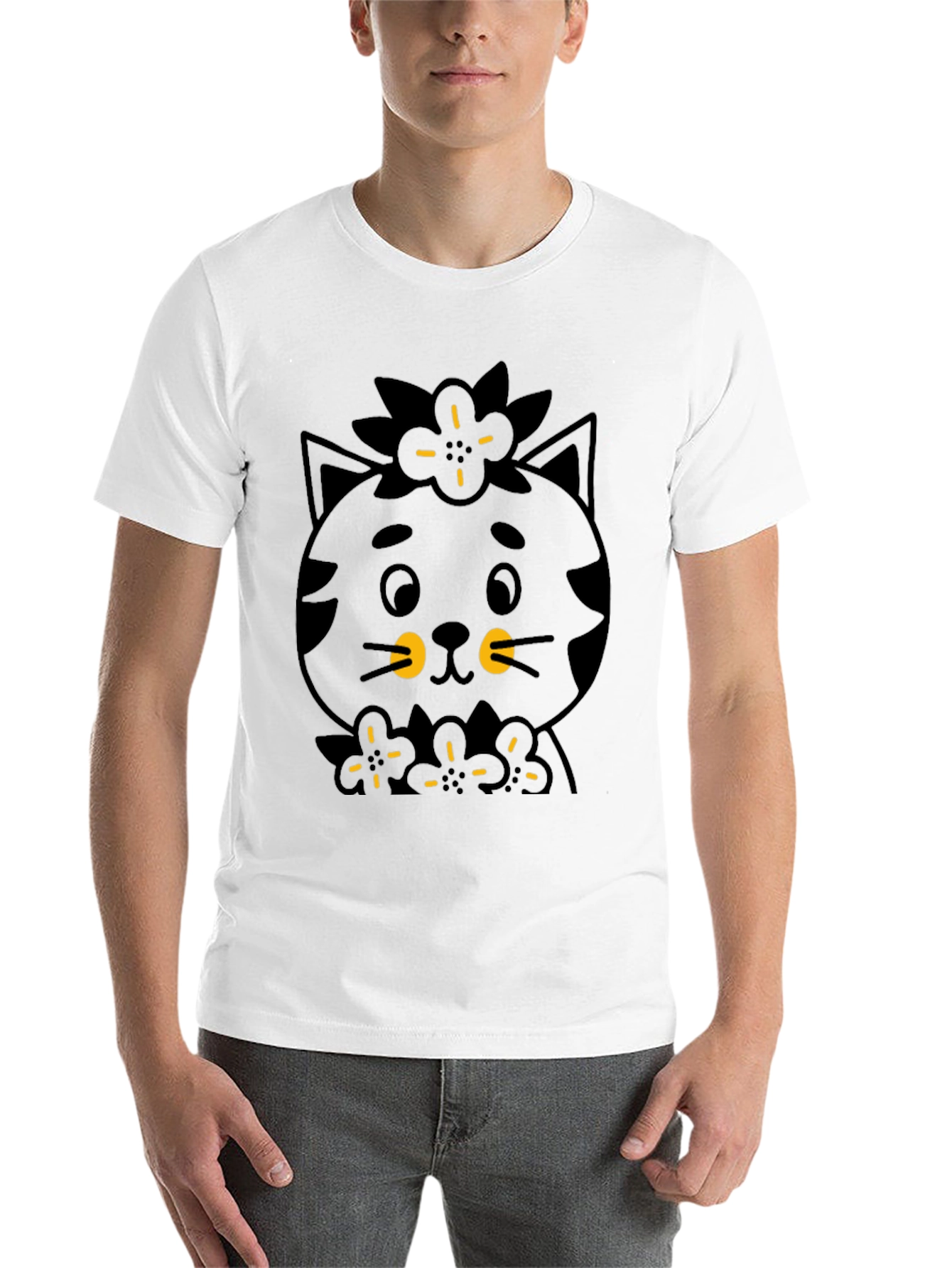 Black Cute Black Cat T-Shirt - Floral Accent view 14