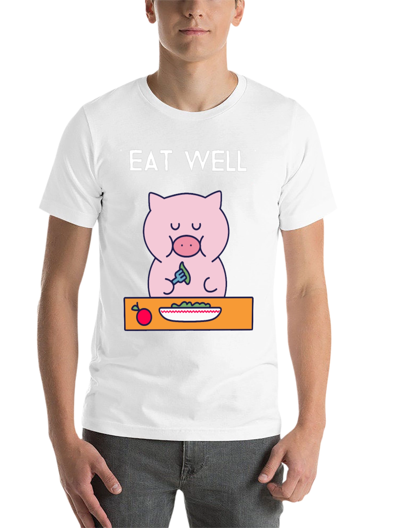 Black Eat Well Pig T-Shirt - Funny Cartoon Tee view 14