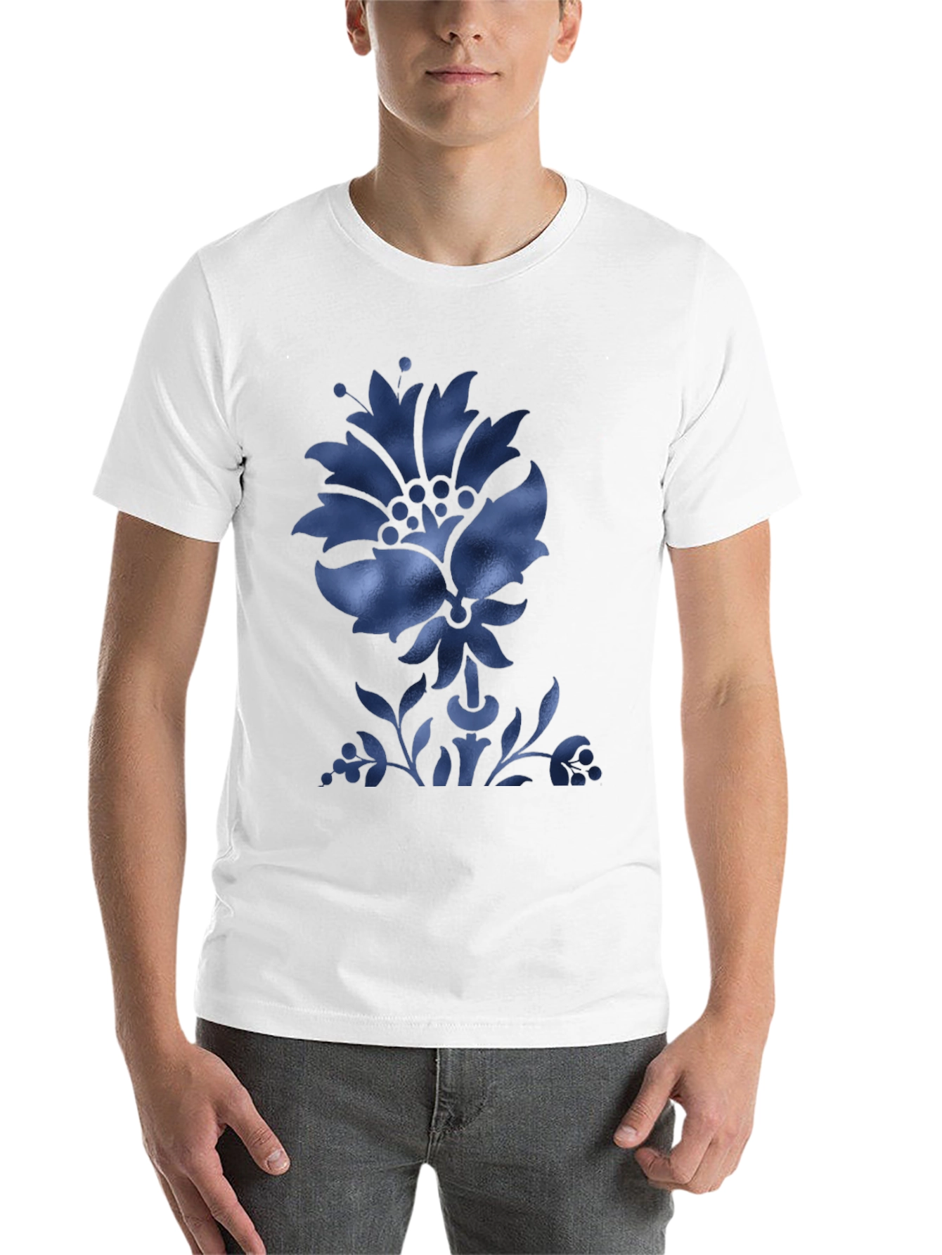 Black Men's Black T-Shirt with Blue Floral Design view 14