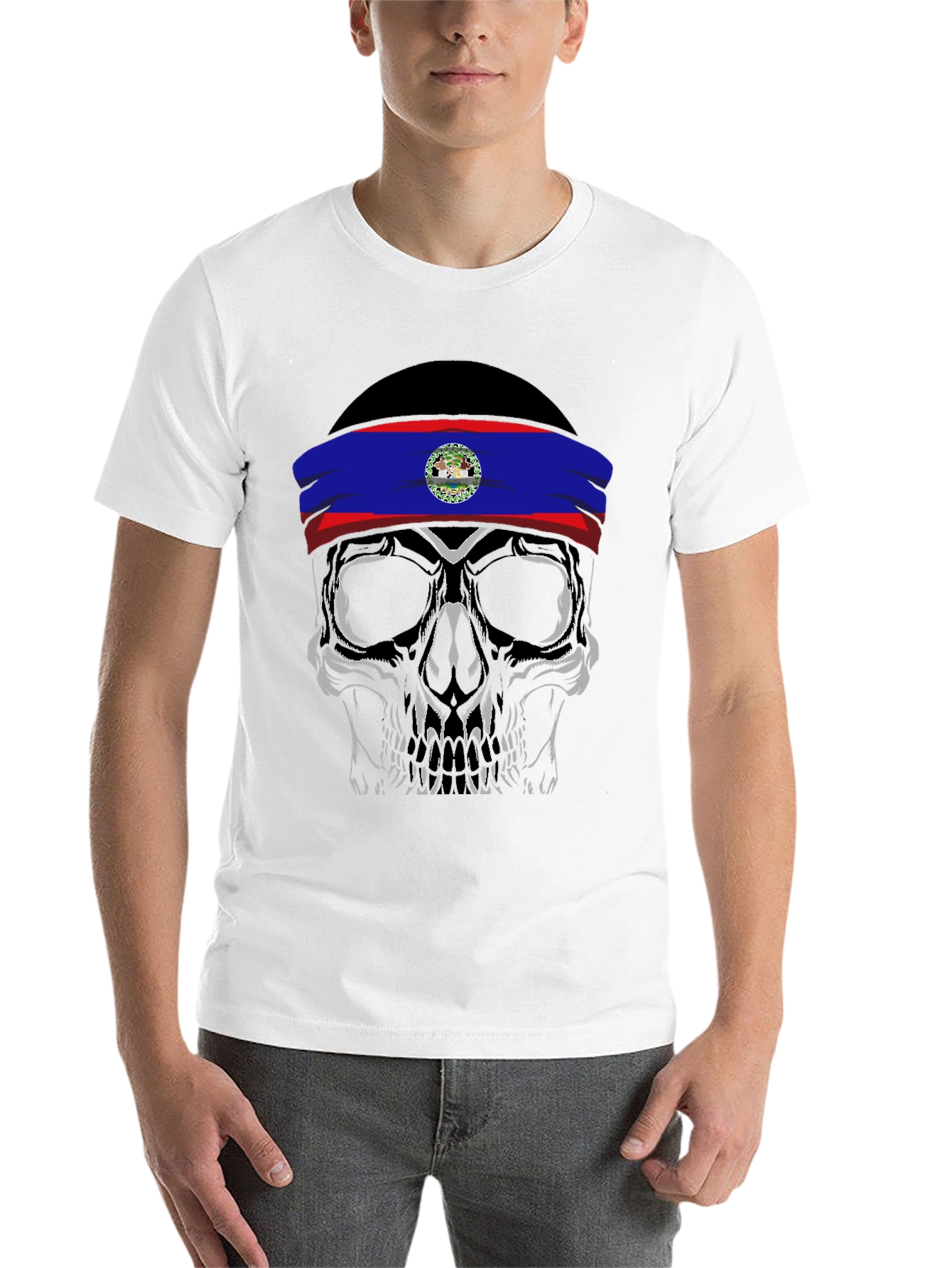 Black Skull with Belize Flag Headband T-Shirt view 14