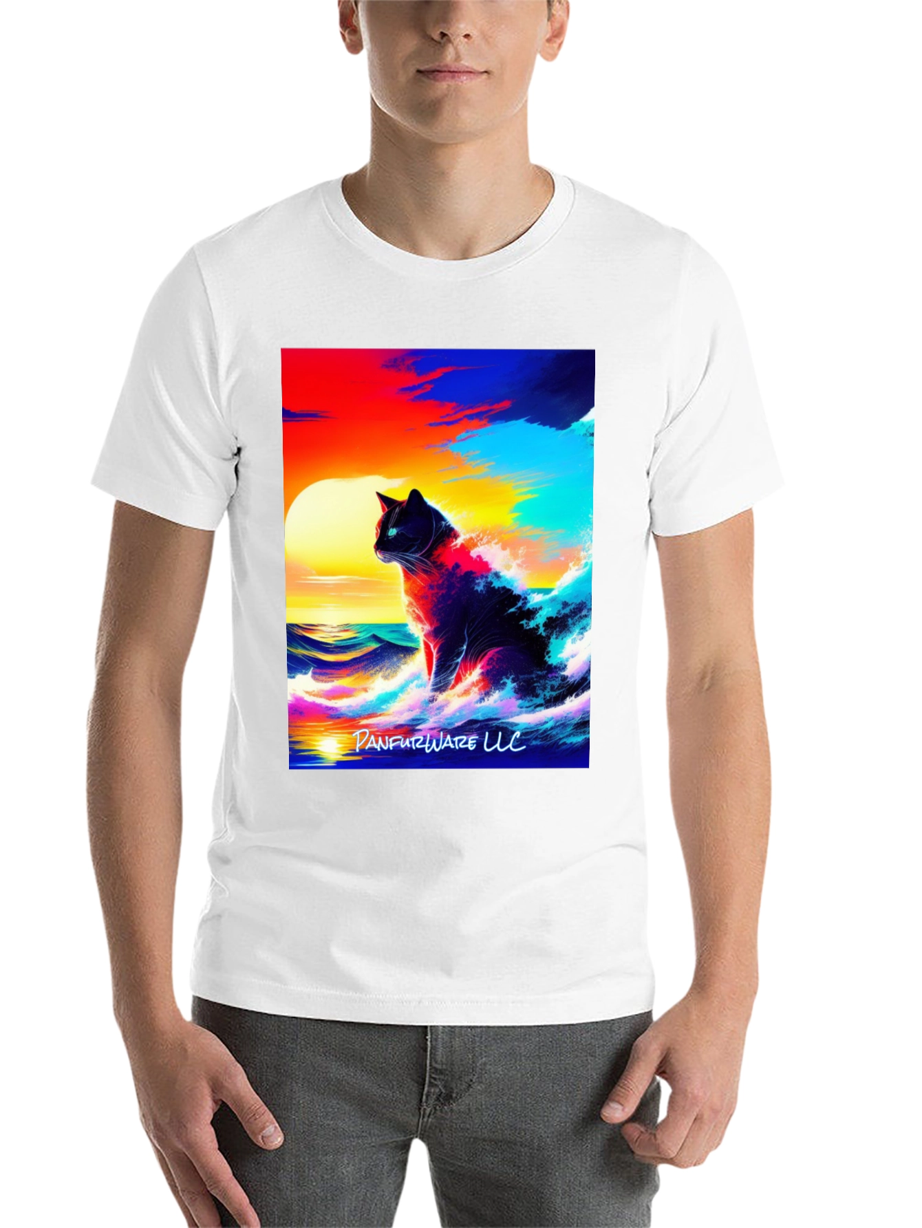 Black Cat Waves T-Shirt - Artistic Sunset Design view 14