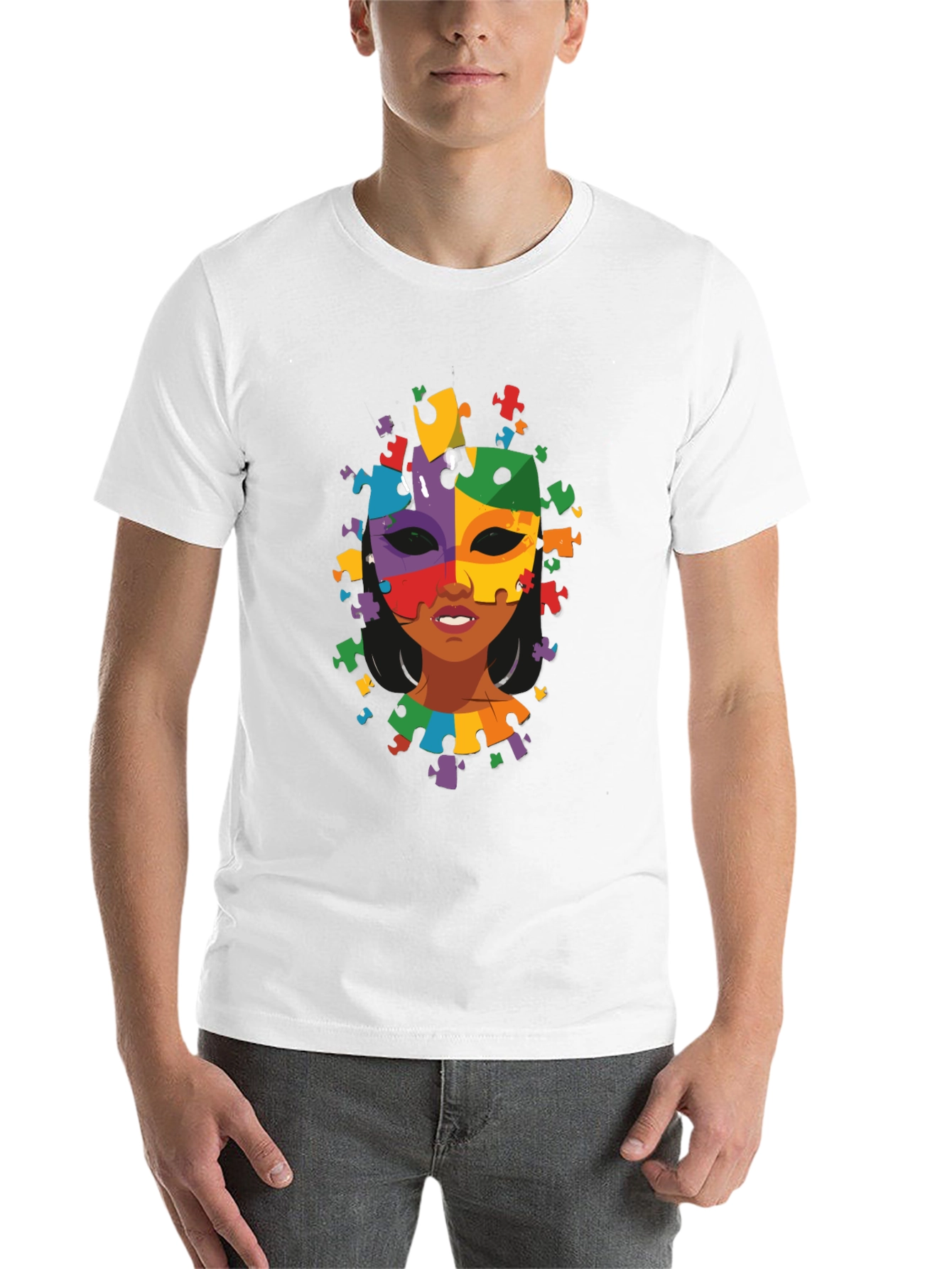Black Autism Awareness Puzzle Piece Mask Tee view 14