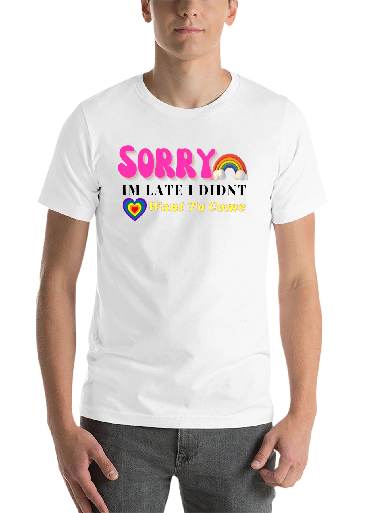 Black Funny Sorry I'm Late Rainbow Graphic T-Shirt view 14