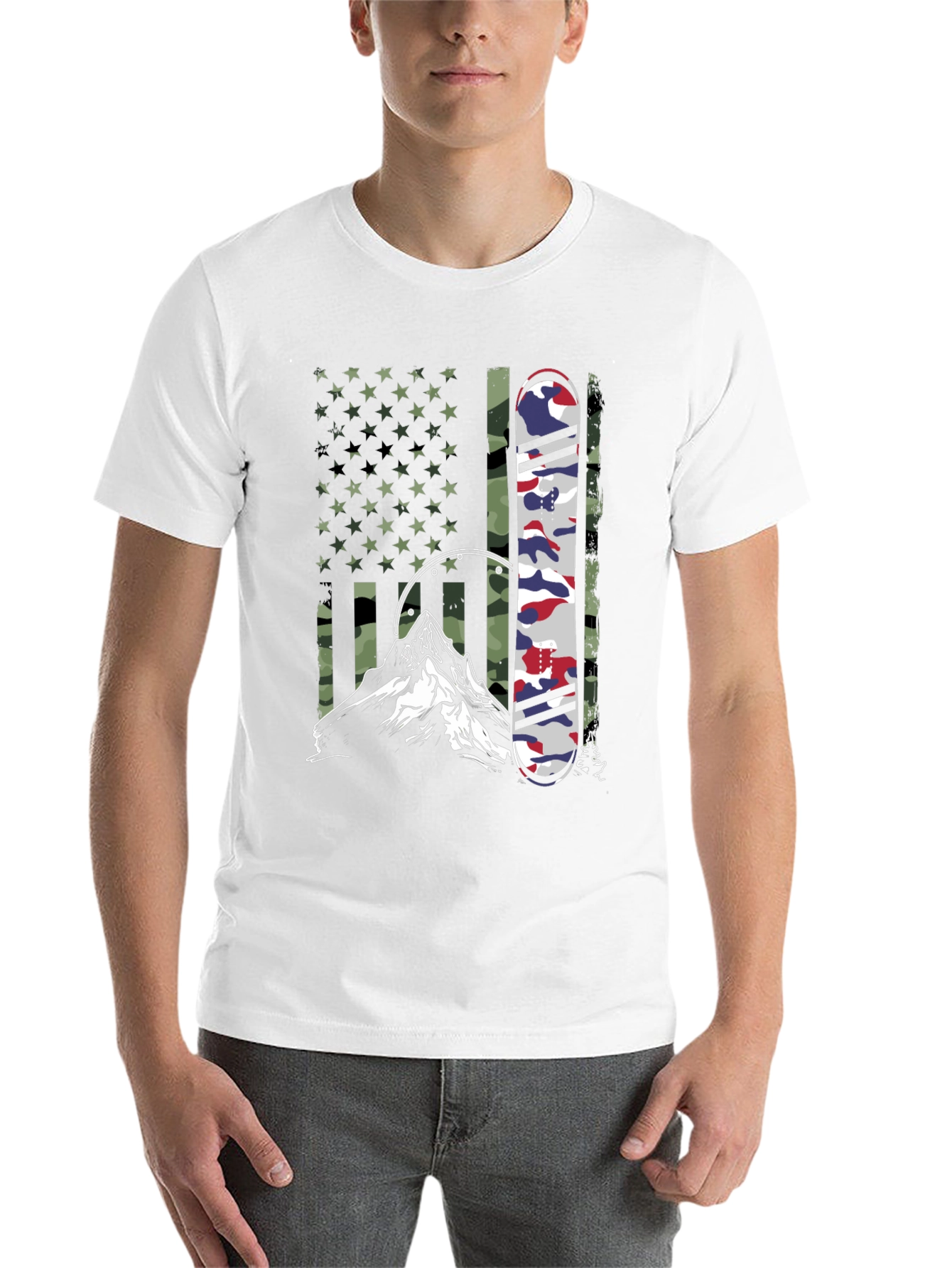 Black American Flag Camo Snowboard Mountain Graphic Tee view 14