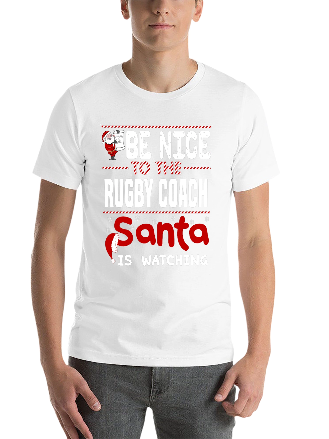 Black Be Nice to The Rugby Coach Santa is Watching T-Shirt view 14