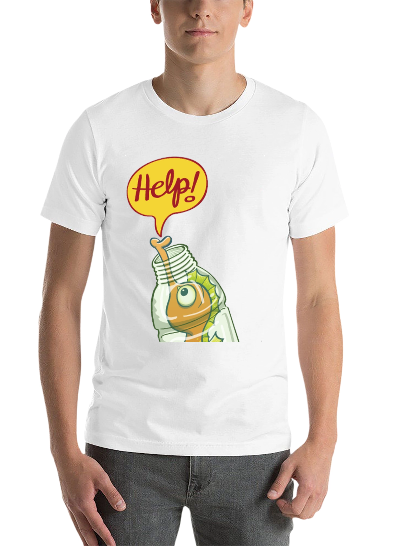 Black Help! Cartoon Fish in Bottle Graphic T-Shirt view 14