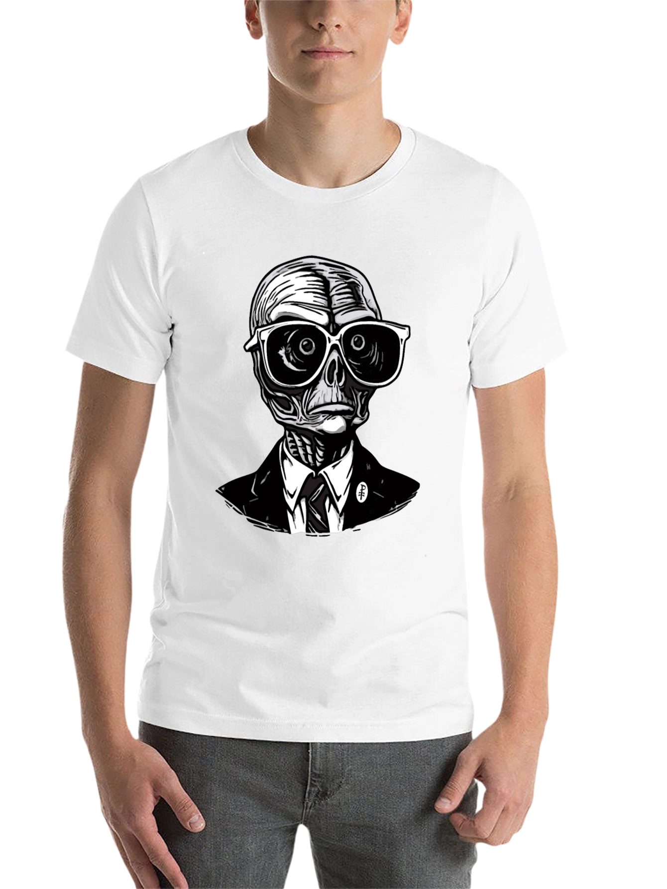 Black Skeleton in Suit Graphic Tee - Unique Design view 14