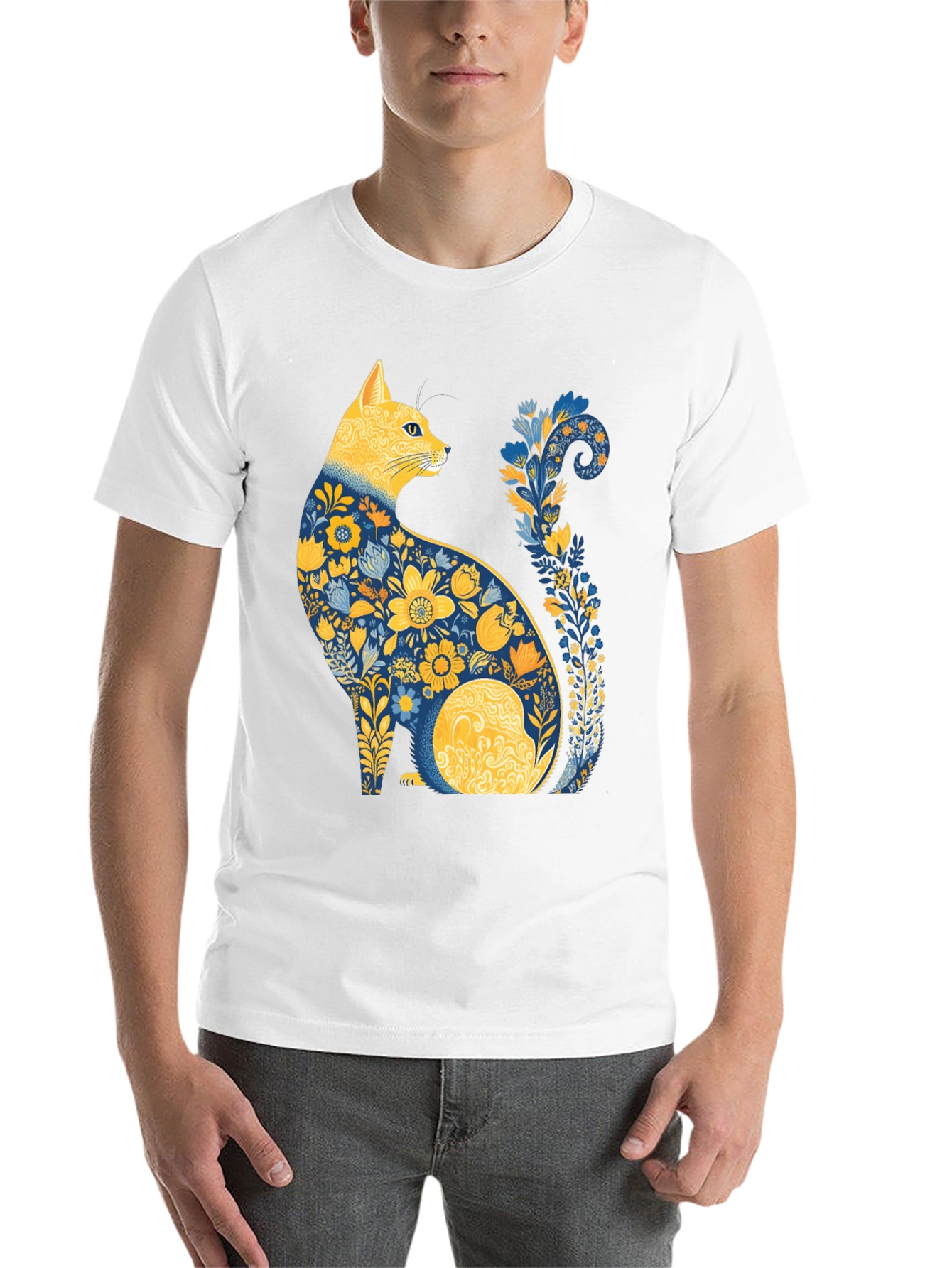 Black Floral Cat T-Shirt - Unique Artistic Design view 14