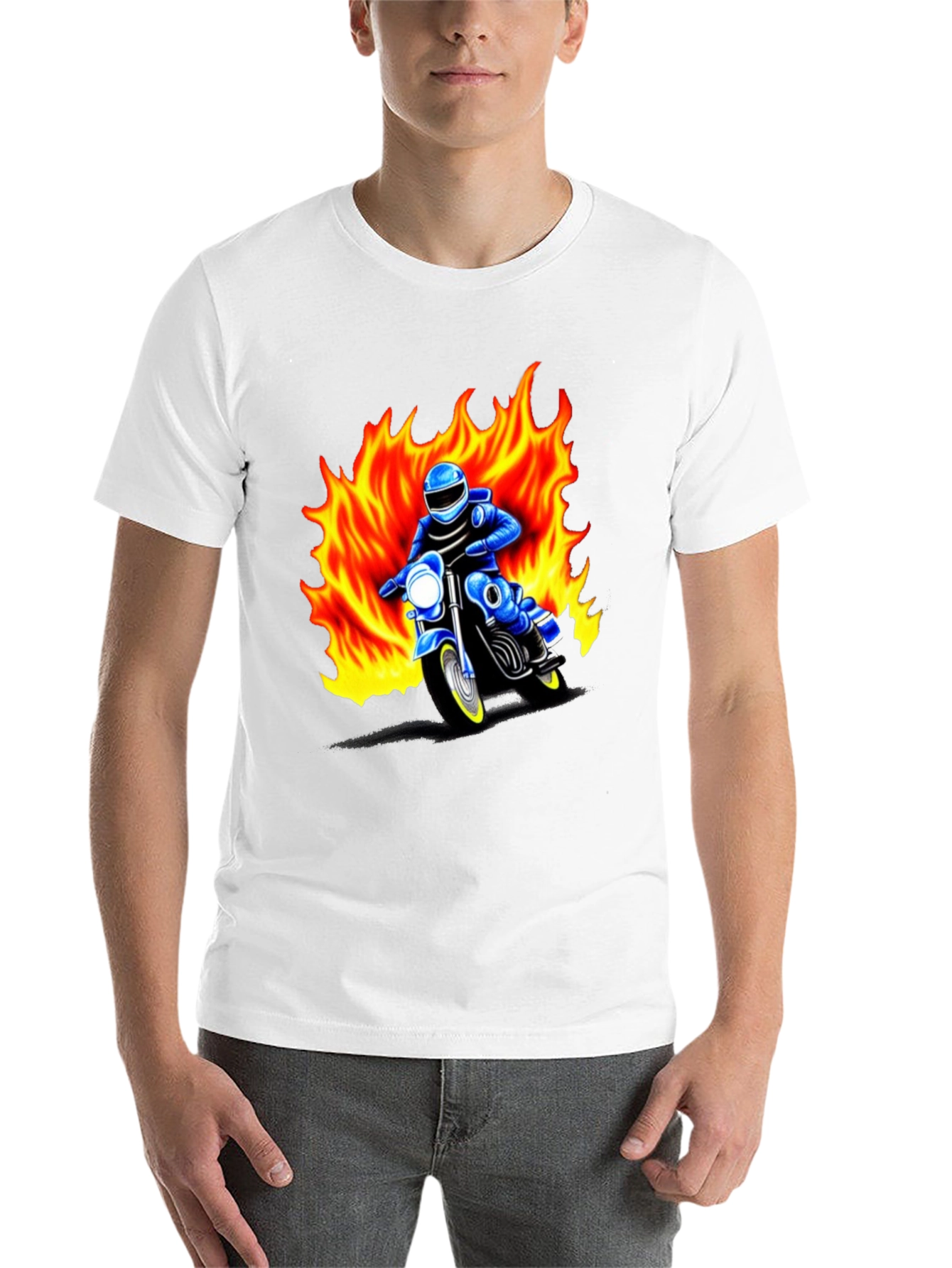 Black Men's Graphic T-Shirt - Motorcycle Rider in Flames view 14