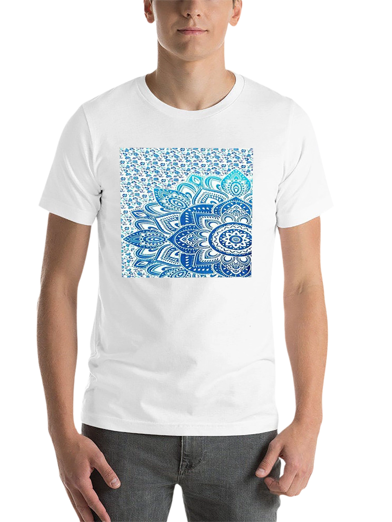 Men's Black Tee with Blue Mandala Print - 14