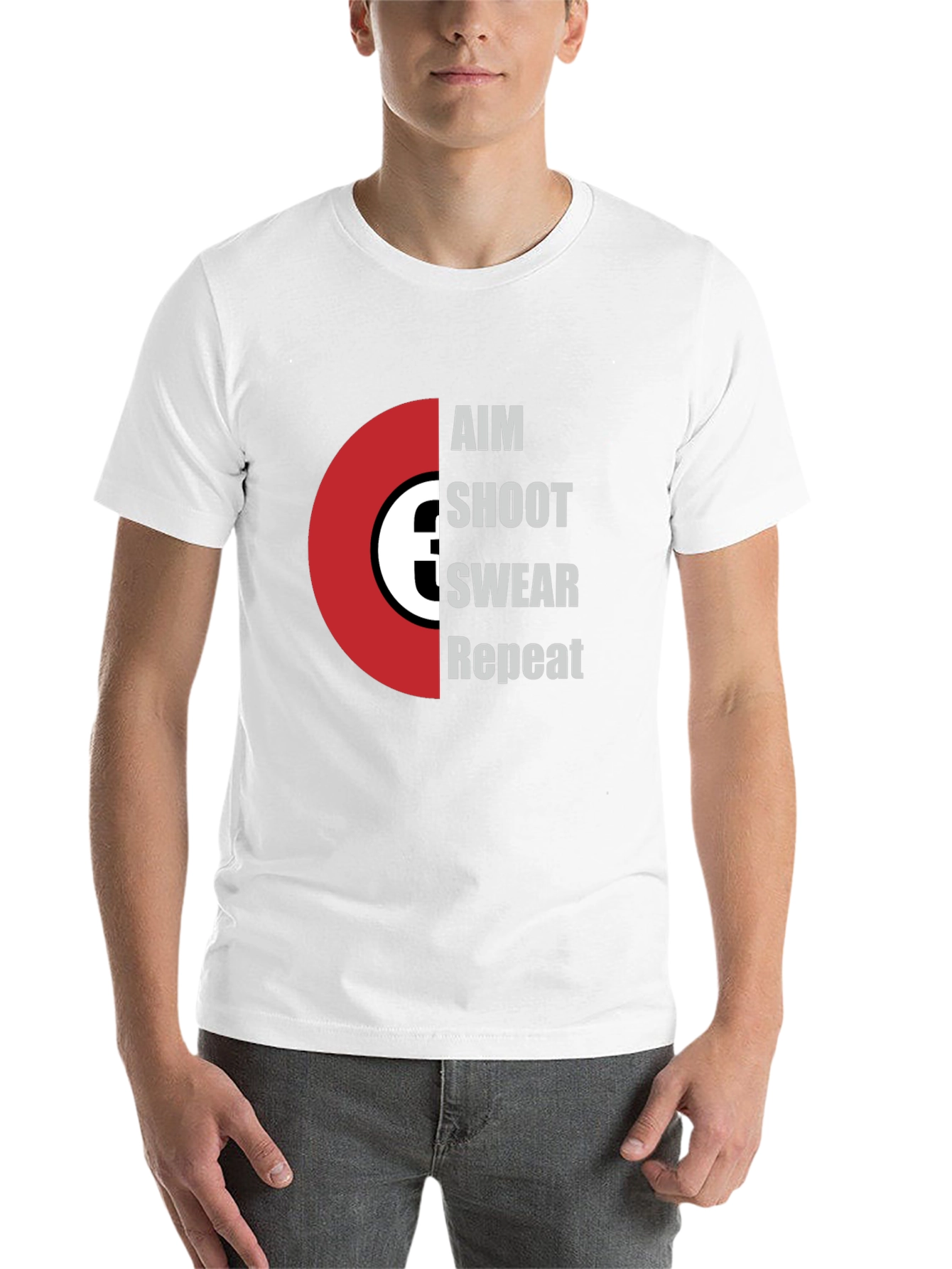 Black Aim Shoot Swear Repeat T-Shirt - Funny Gamer Tee view 14