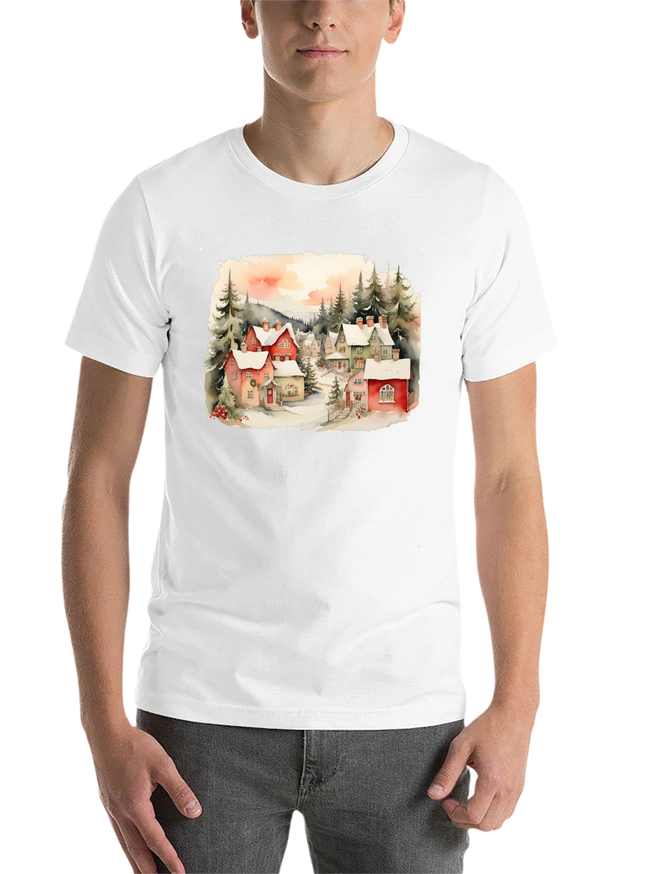 Black Watercolor Winter Village T-Shirt view 14