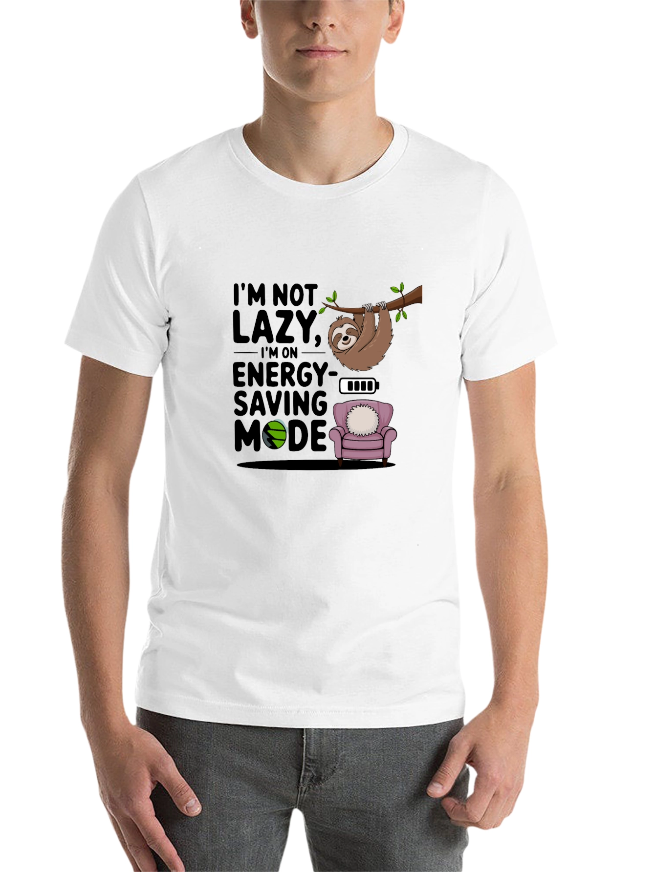 Black I'm Not Lazy T-Shirt, Sloth Energy Saving Mode Tee view 14
