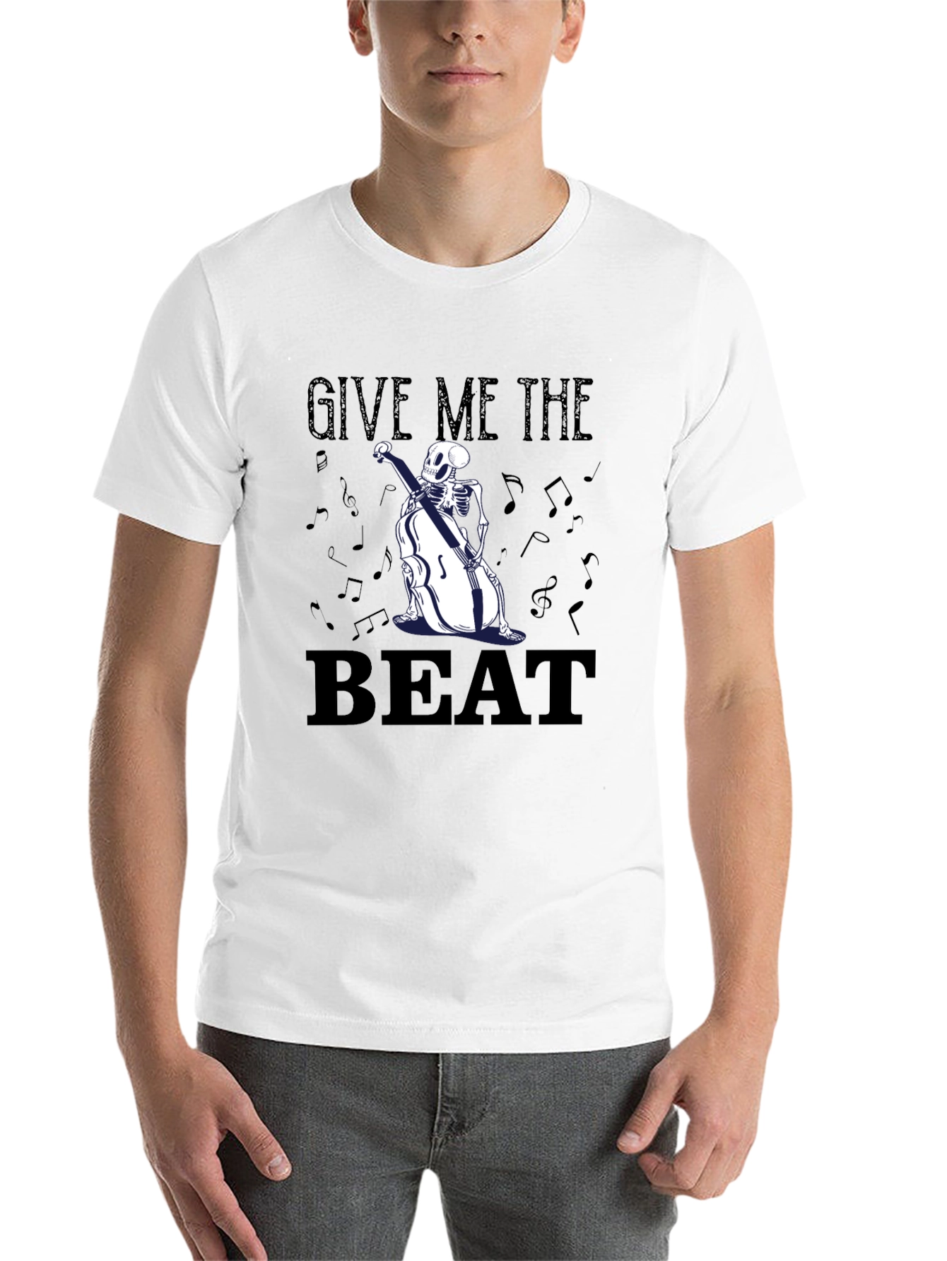 Black Give Me The Beat Skeleton Bassist Graphic T-Shirt view 14
