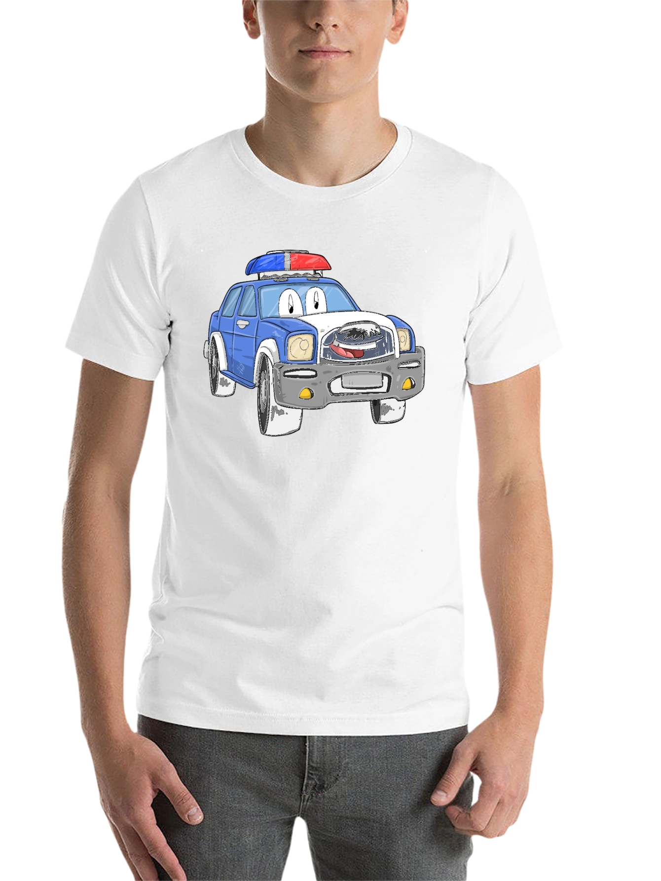 Black Cartoon Police Car Graphic T-Shirt view 14