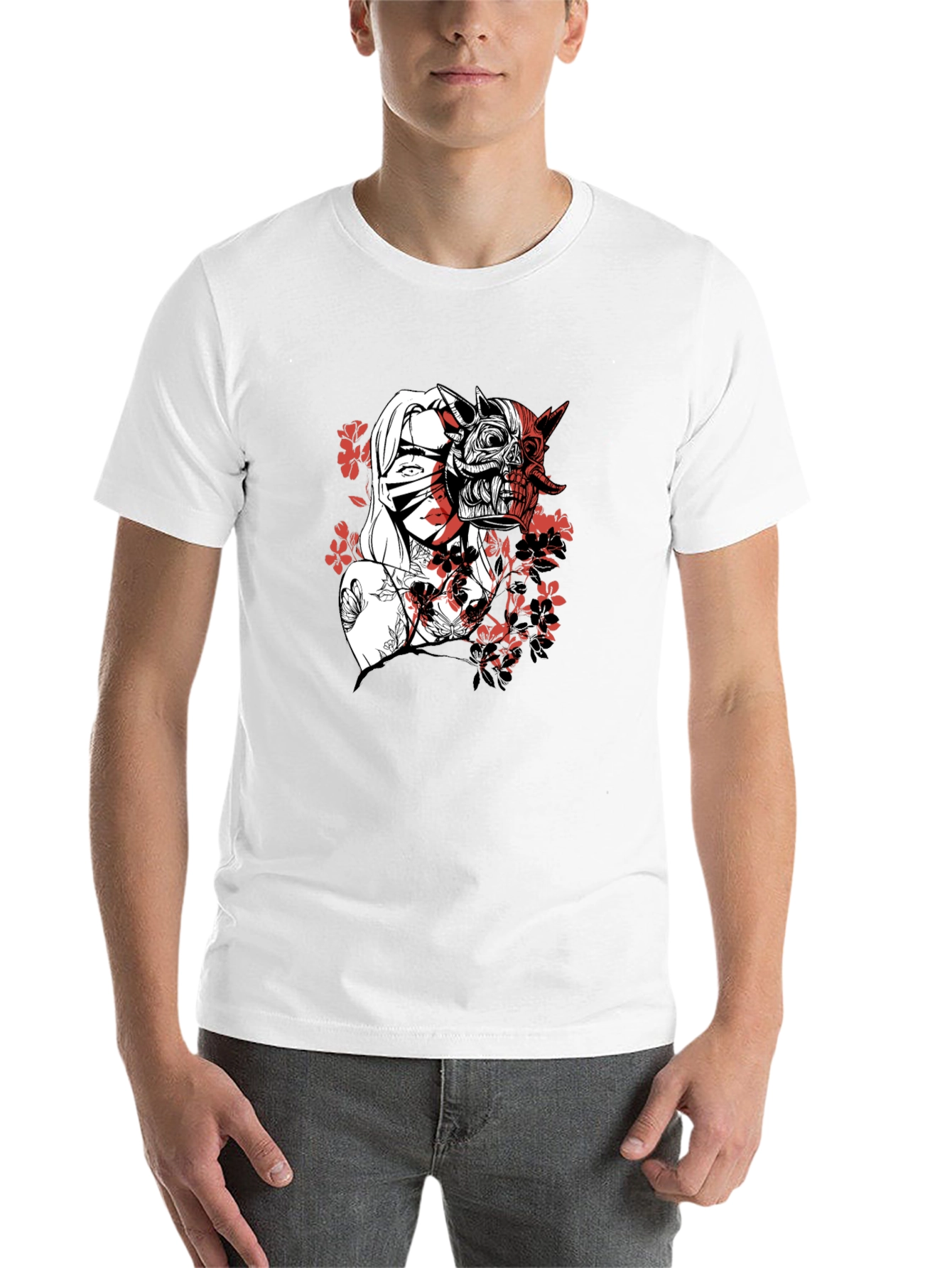Black Men's Graphic Tee - Samurai Girl & Skull Design view 14