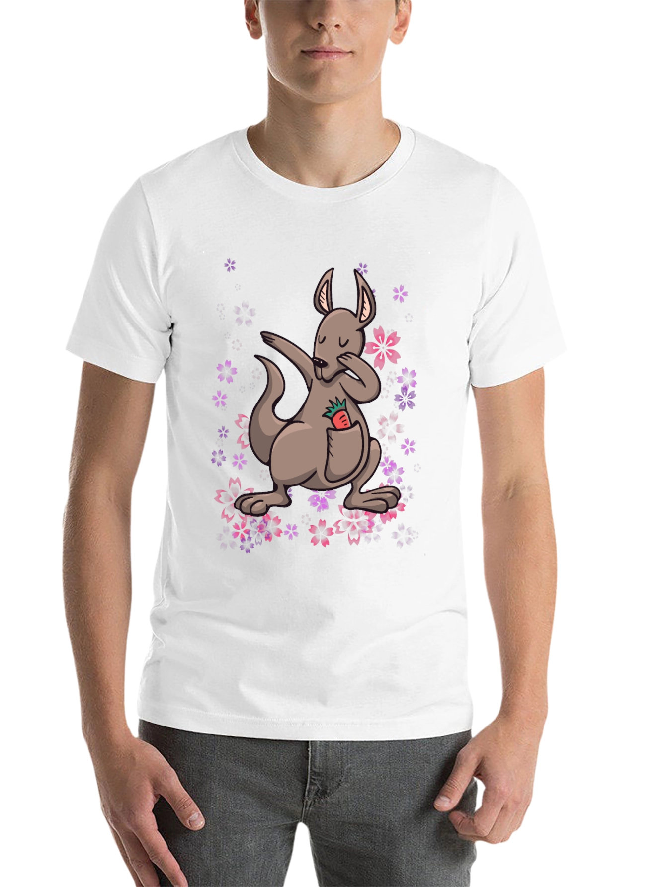 Black Dabbing Kangaroo Floral T-Shirt - Unique Graphic Tee view 14