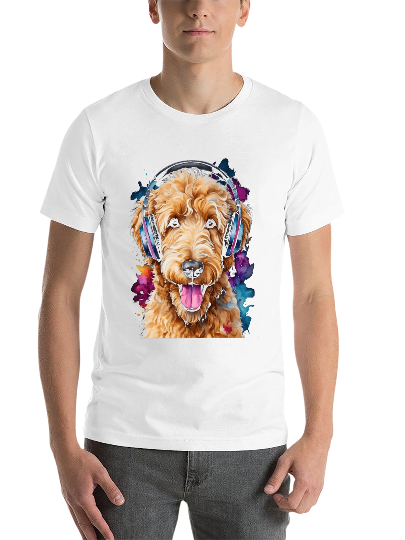 Black Dog with Headphones Black T-Shirt view 14