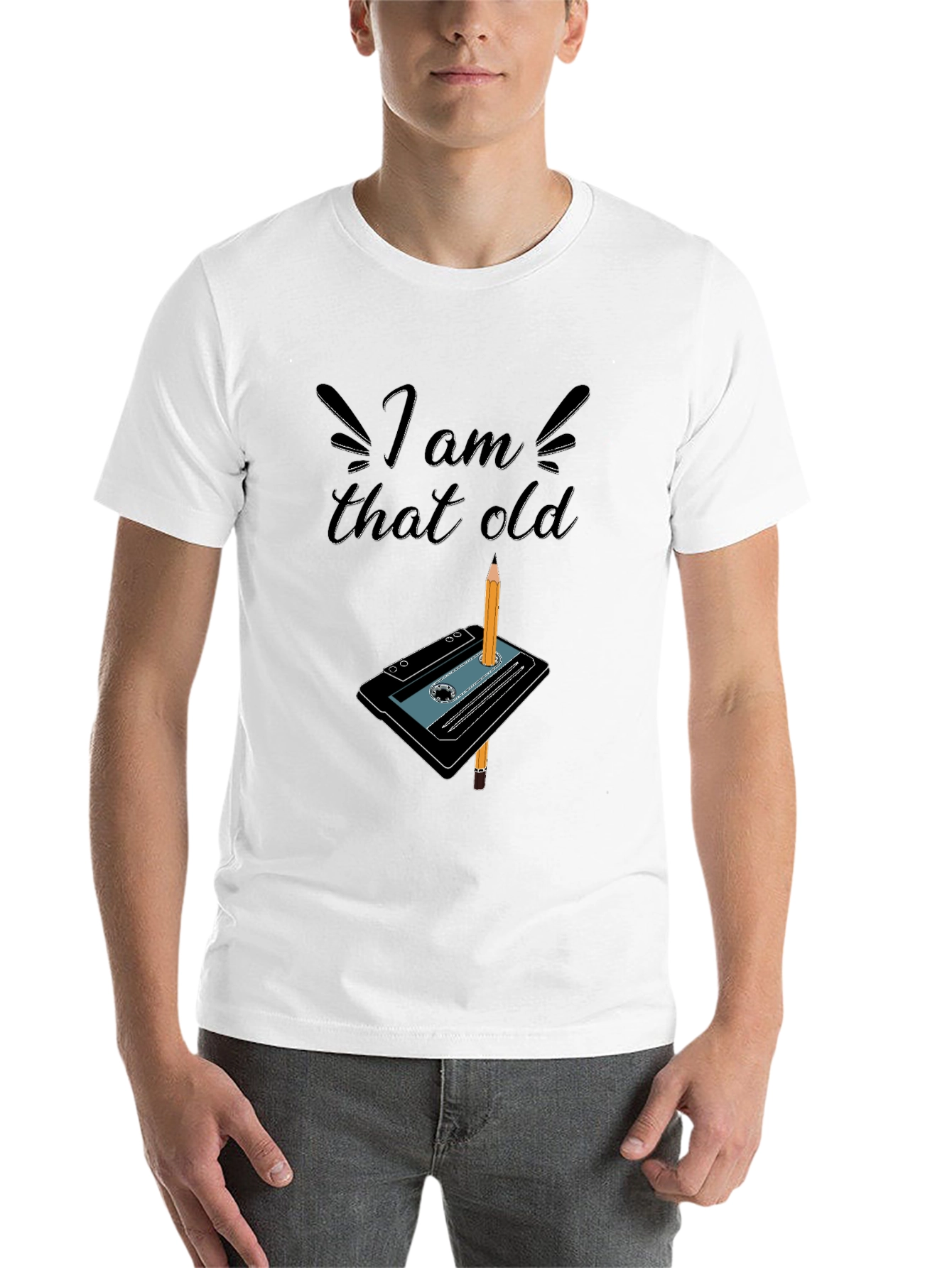 Black I Am That Old Cassette Tape & Pencil Graphic T-Shirt view 14
