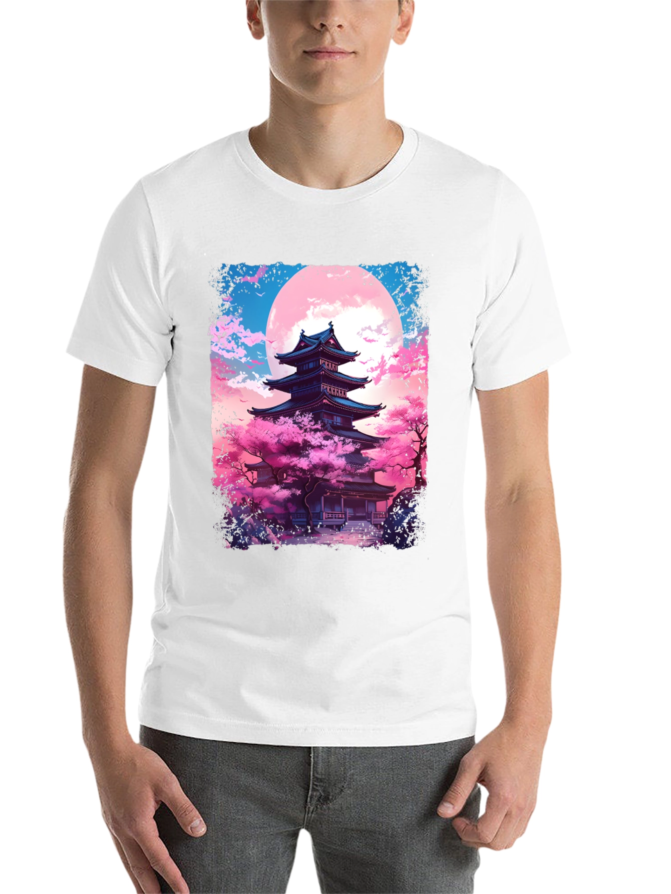 Black Japanese Temple Sakura Moon Men's Graphic Tee view 14