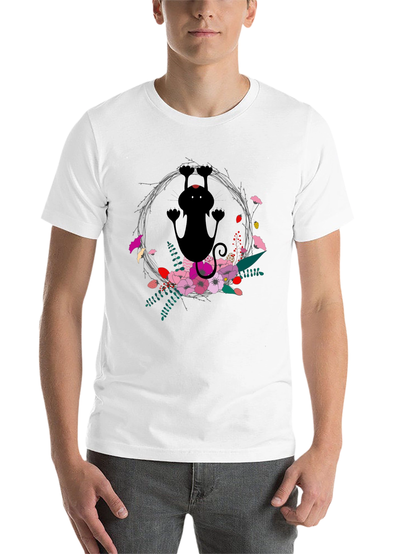 Black Floral Cat Black T-Shirt - Fun & Unique Design view 14
