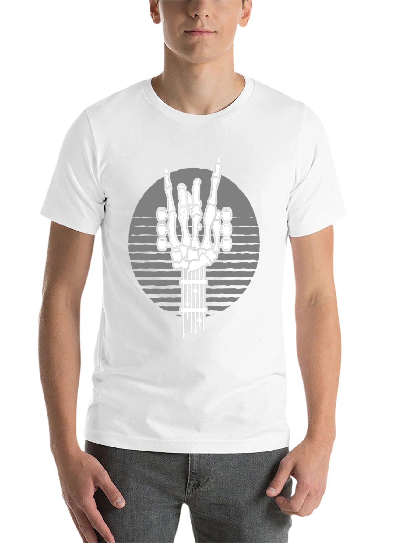 Black Rock On Skeleton Guitar Hand T-Shirt view 14