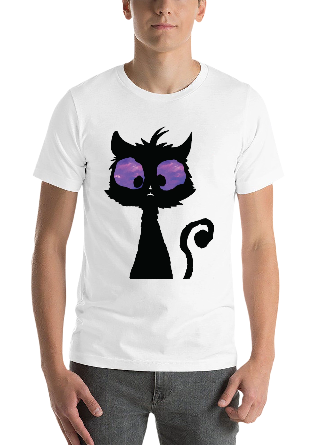 Black Whimsical Cat T-Shirt: Black Crew Neck with Unique Design view 14