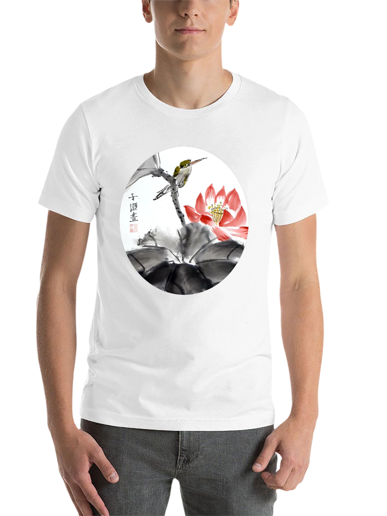 Black Artistic Bird & Lotus T-Shirt view 14