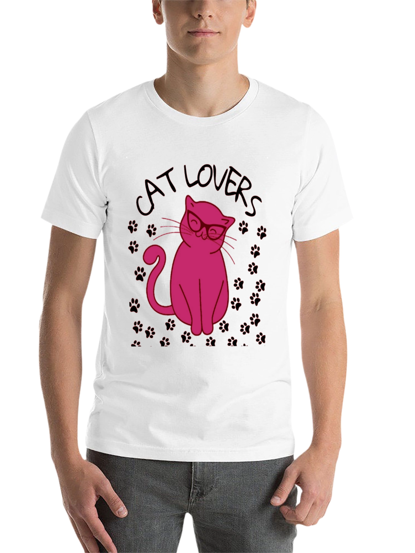 Black Cat Lovers T-Shirt - Pink Cat with Glasses Design view 14
