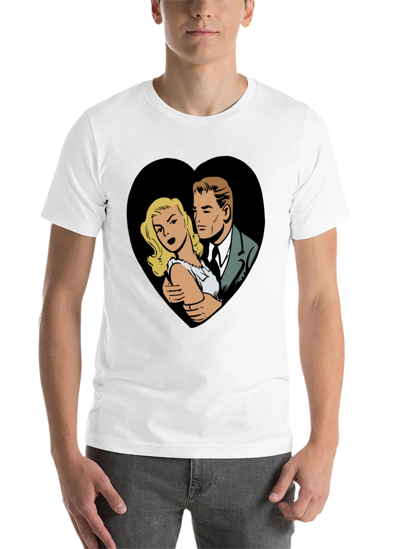 Black Retro Comic Couple Heart Graphic T-Shirt - Black view 14