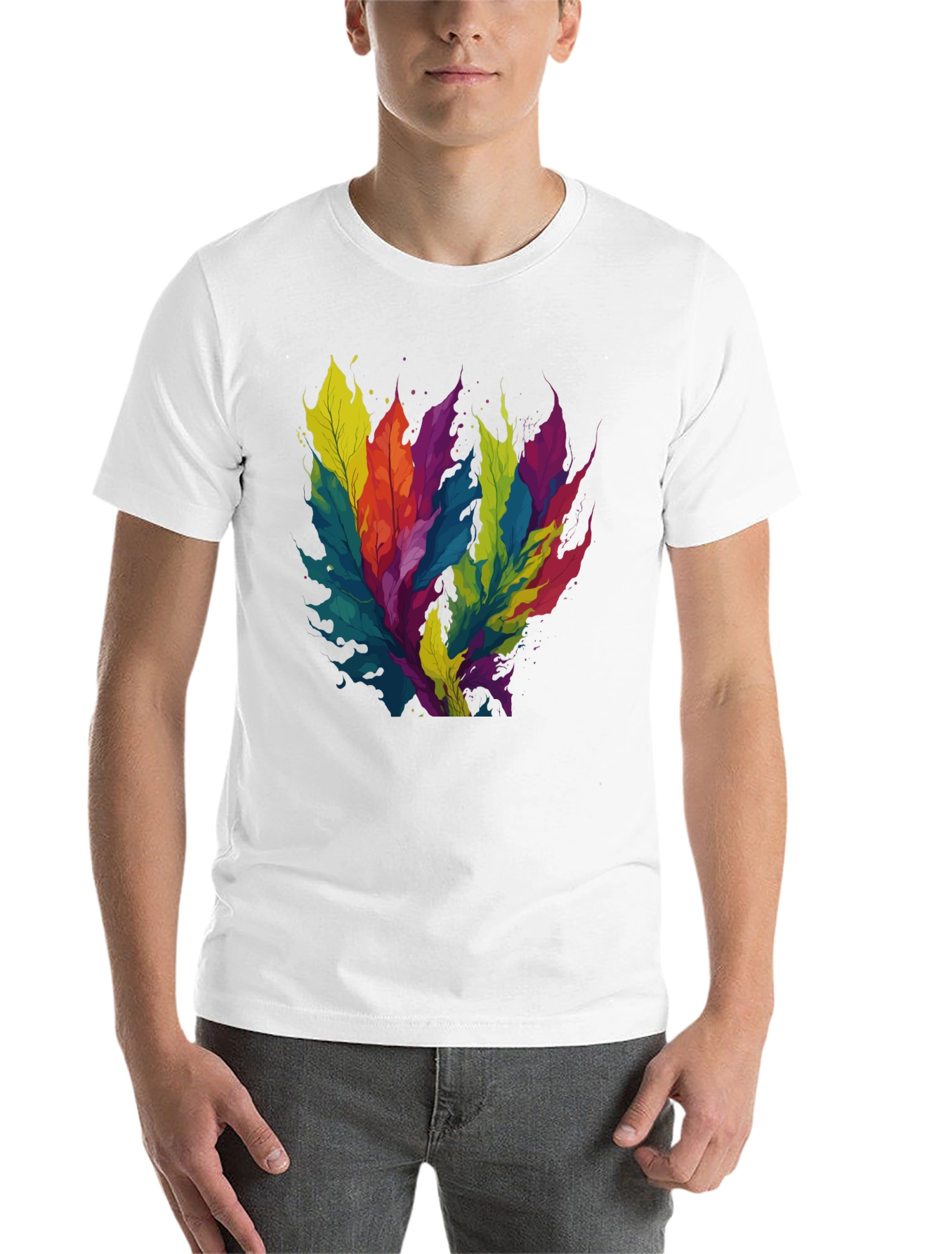 Black Colorful Leaf Design Black T-Shirt view 14