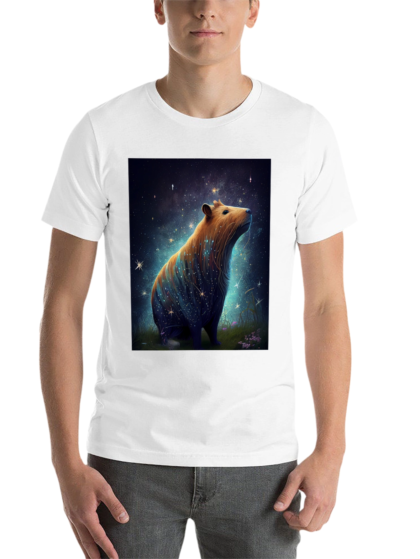 Black Starry Capybara Graphic Tee - Unisex Black T-Shirt view 14