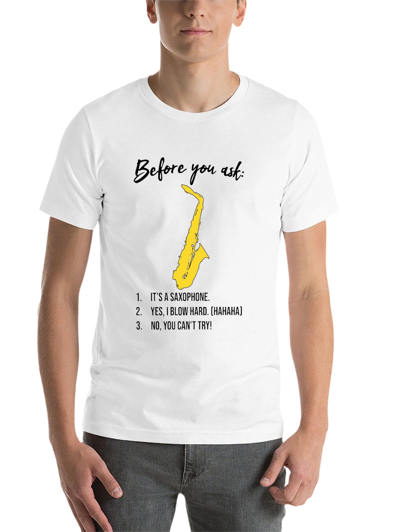 Black Saxophone Player Humor T-Shirt - Blow Hard, Can't Try! view 14